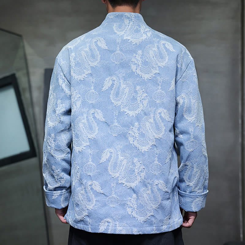 Traje Tang de algodón para hombre, chaqueta y camisa con bolsillos, bordado en jacquard con diseño de dragón, linterna y rana y botones , con Buddha Stones y año nuevo chino
