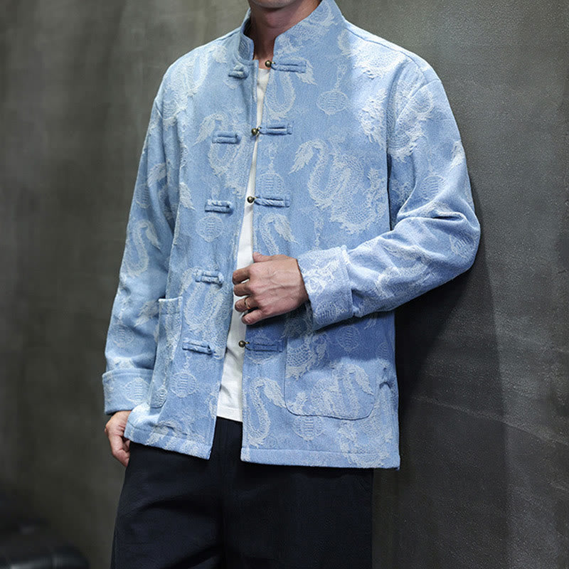Traje Tang de algodón para hombre, chaqueta y camisa con bolsillos, bordado en jacquard con diseño de dragón, linterna y rana y botones , con Buddha Stones y año nuevo chino