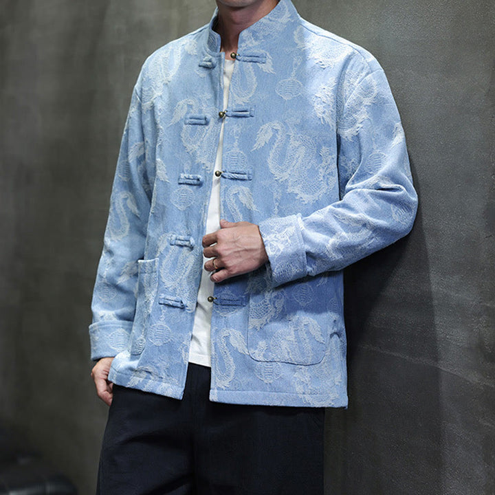 Traje Tang de algodón para hombre, chaqueta y camisa con bolsillos, bordado en jacquard con diseño de dragón, linterna y rana y botones , con Buddha Stones y año nuevo chino