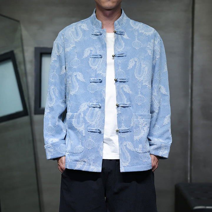 Traje Tang de algodón para hombre, chaqueta y camisa con bolsillos, bordado en jacquard con diseño de dragón, linterna y rana y botones , con Buddha Stones y año nuevo chino