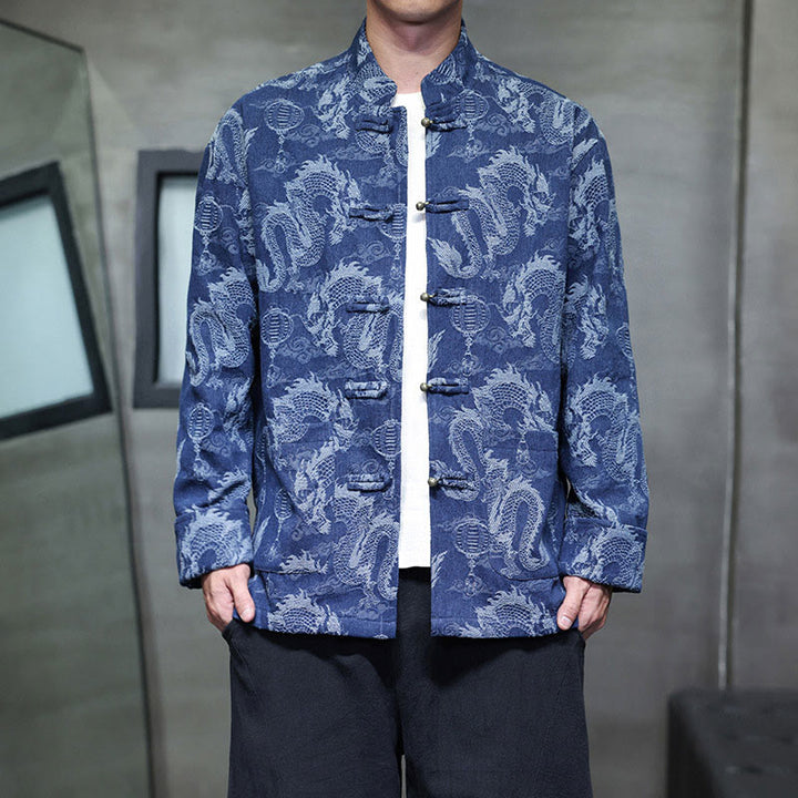 Traje Tang de algodón para hombre, chaqueta y camisa con bolsillos, bordado en jacquard con diseño de dragón, linterna y rana y botones , con Buddha Stones y año nuevo chino