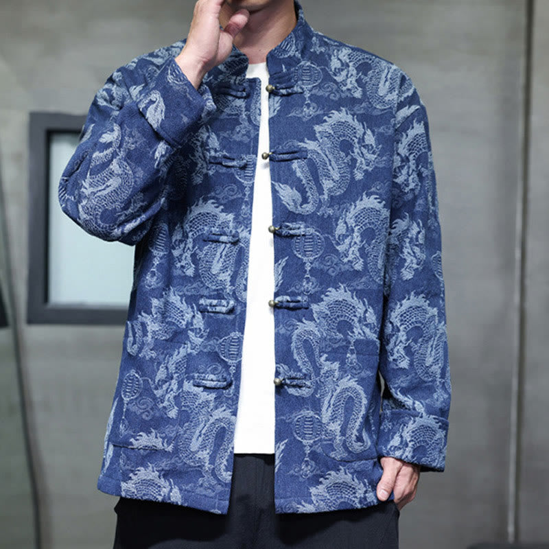 Traje Tang de algodón para hombre, chaqueta y camisa con bolsillos, bordado en jacquard con diseño de dragón, linterna y rana y botones , con Buddha Stones y año nuevo chino