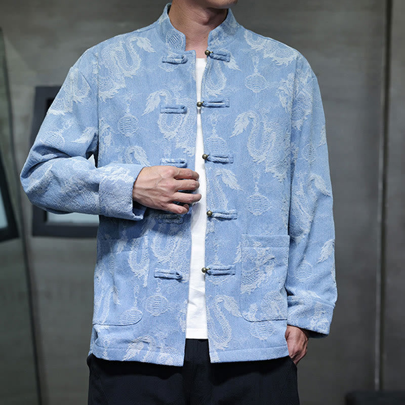 Traje Tang de algodón para hombre, chaqueta y camisa con bolsillos, bordado en jacquard con diseño de dragón, linterna y rana y botones , con Buddha Stones y año nuevo chino