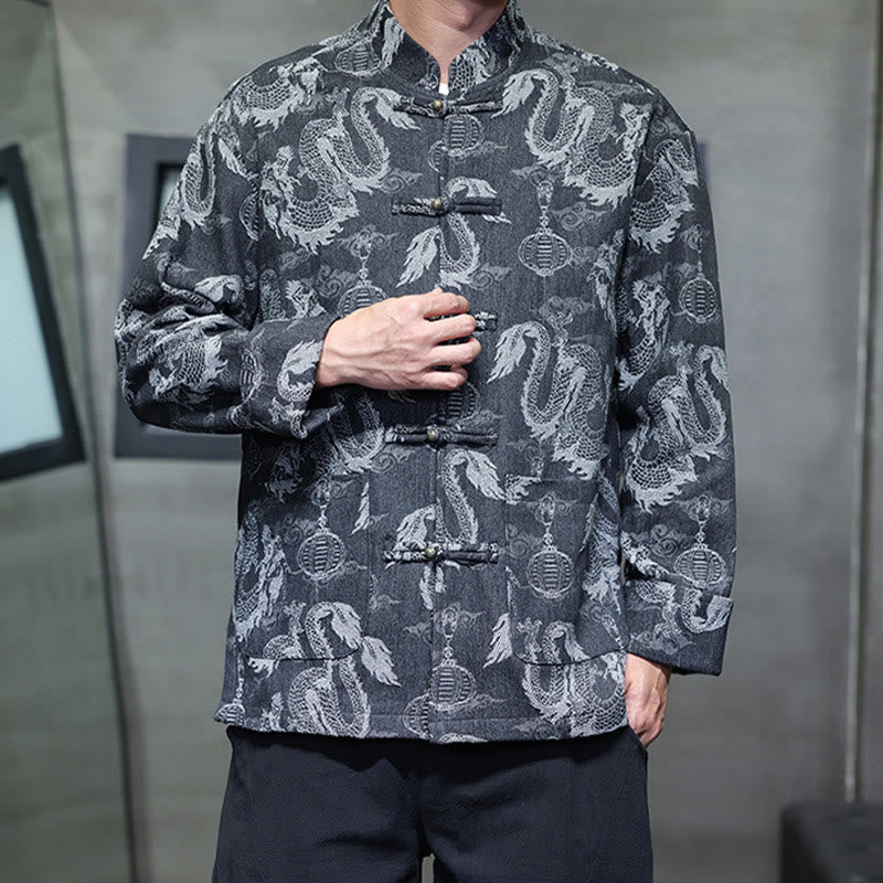 Traje Tang de algodón para hombre, chaqueta y camisa con bolsillos, bordado en jacquard con diseño de dragón, linterna y rana y botones , con Buddha Stones y año nuevo chino