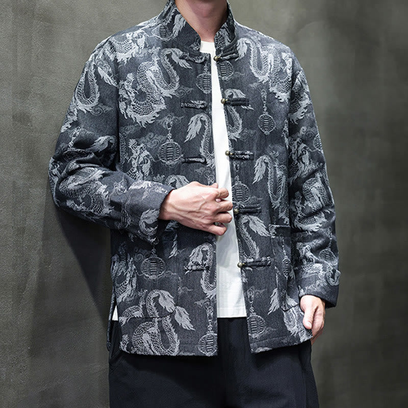Traje Tang de algodón para hombre, chaqueta y camisa con bolsillos, bordado en jacquard con diseño de dragón, linterna y rana y botones , con Buddha Stones y año nuevo chino