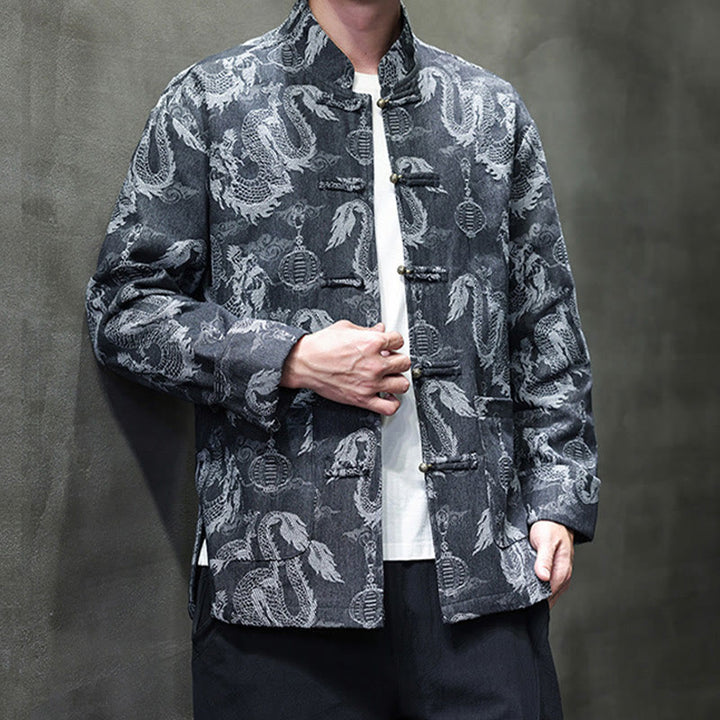 Traje Tang de algodón para hombre, chaqueta y camisa con bolsillos, bordado en jacquard con diseño de dragón, linterna y rana y botones , con Buddha Stones y año nuevo chino