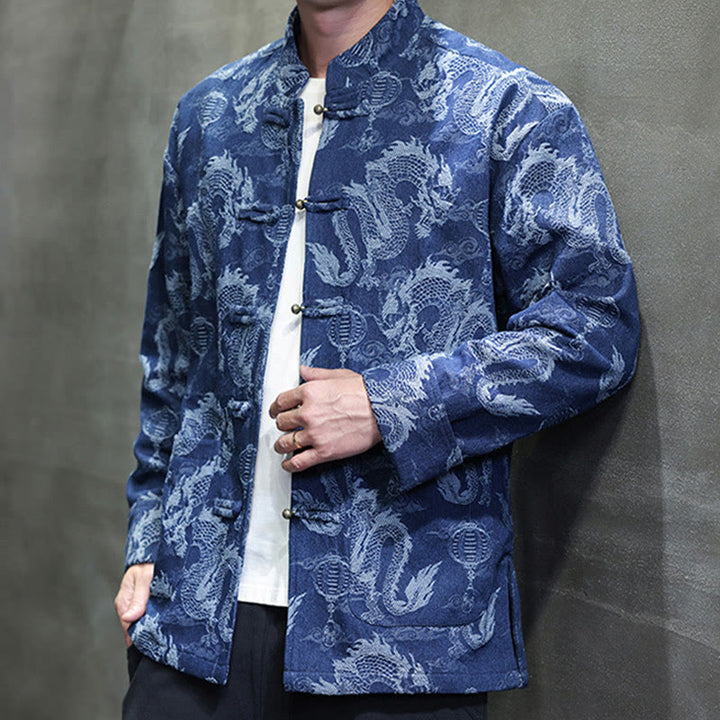 Traje Tang de algodón para hombre, chaqueta y camisa con bolsillos, bordado en jacquard con diseño de dragón, linterna y rana y botones , con Buddha Stones y año nuevo chino