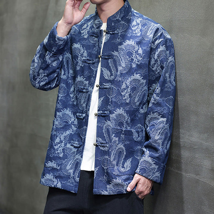 Traje Tang de algodón para hombre, chaqueta y camisa con bolsillos, bordado en jacquard con diseño de dragón, linterna y rana y botones , con Buddha Stones y año nuevo chino