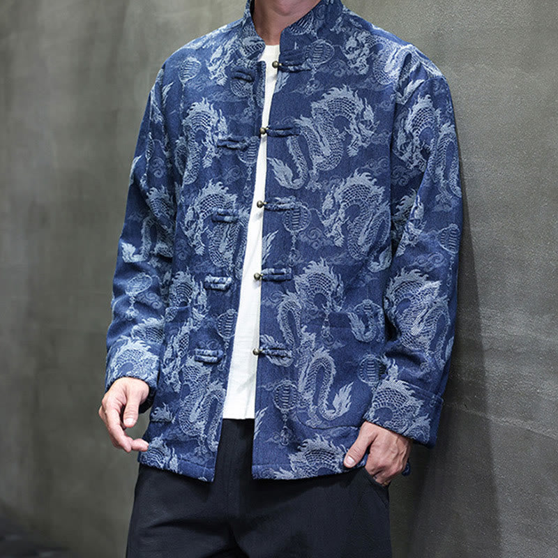 Traje Tang de algodón para hombre, chaqueta y camisa con bolsillos, bordado en jacquard con diseño de dragón, linterna y rana y botones , con Buddha Stones y año nuevo chino