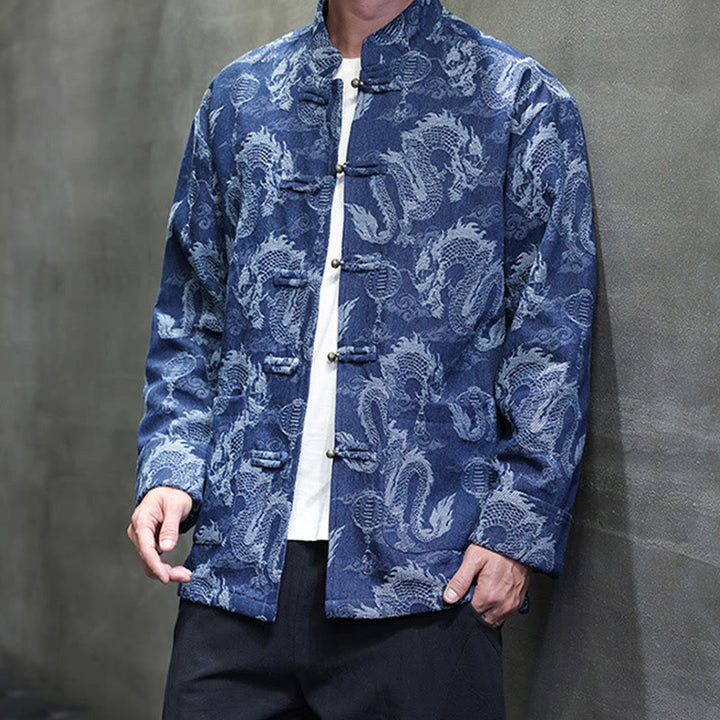 Traje Tang de algodón para hombre, chaqueta y camisa con bolsillos, bordado en jacquard con diseño de dragón, linterna y rana y botones , con Buddha Stones y año nuevo chino