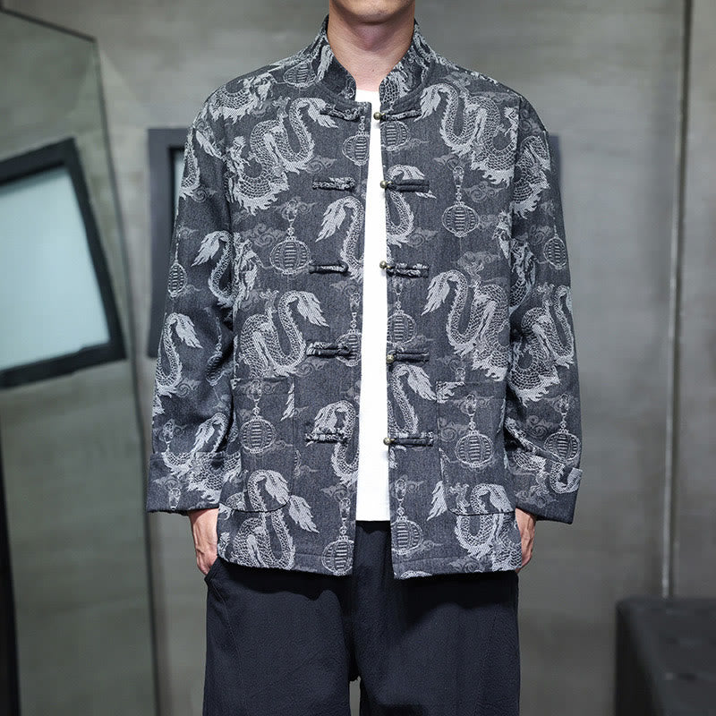 Traje Tang de algodón para hombre, chaqueta y camisa con bolsillos, bordado en jacquard con diseño de dragón, linterna y rana y botones , con Buddha Stones y año nuevo chino