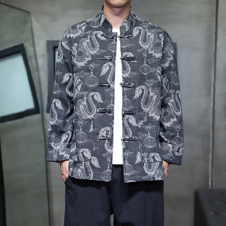 Traje Tang de algodón para hombre, chaqueta y camisa con bolsillos, bordado en jacquard con diseño de dragón, linterna y rana y botones , con Buddha Stones y año nuevo chino