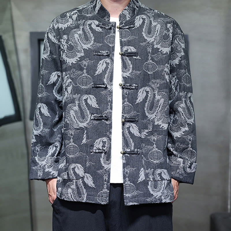 Traje Tang de algodón para hombre, chaqueta y camisa con bolsillos, bordado en jacquard con diseño de dragón, linterna y rana y botones , con Buddha Stones y año nuevo chino