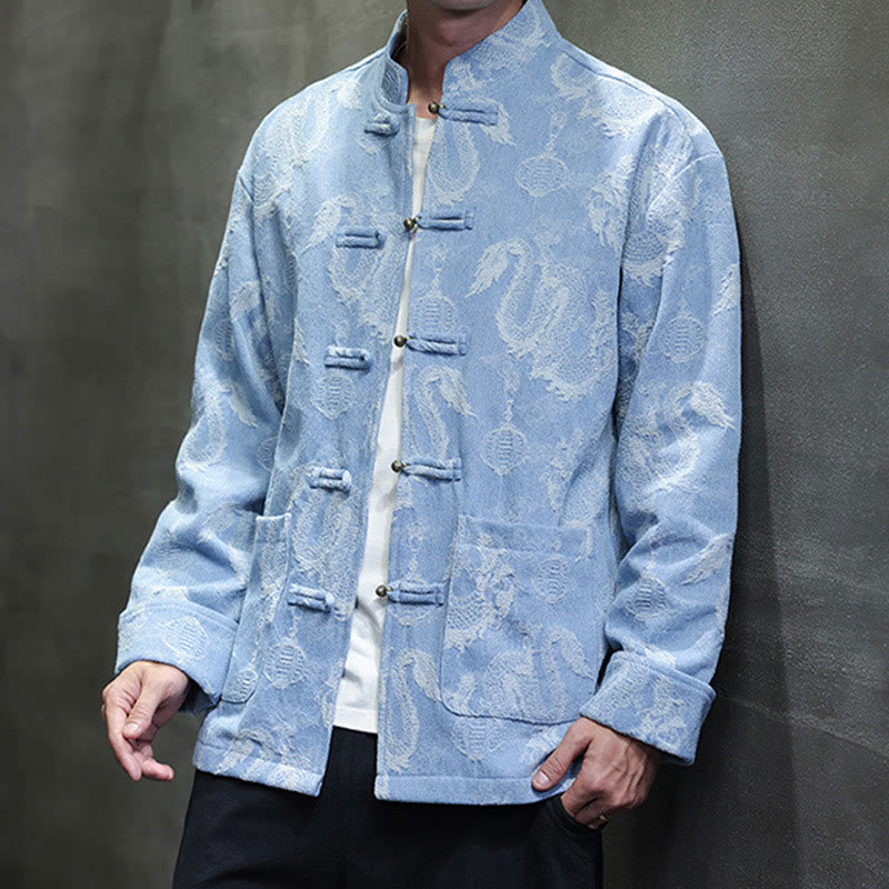Traje Tang de algodón para hombre, chaqueta y camisa con bolsillos, bordado en jacquard con diseño de dragón, linterna y rana y botones , con Buddha Stones y año nuevo chino