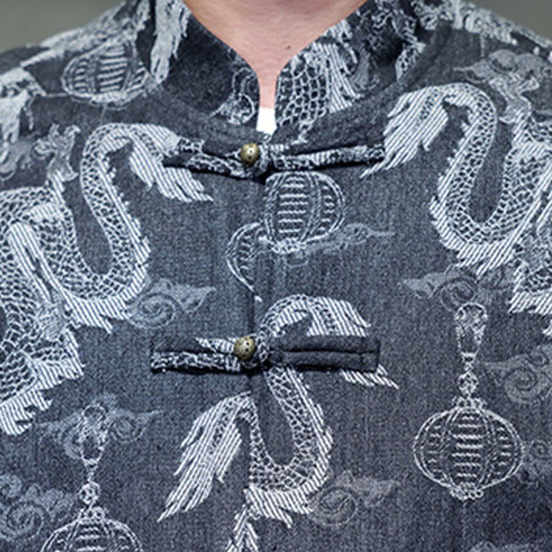 Traje Tang de algodón para hombre, chaqueta y camisa con bolsillos, bordado en jacquard con diseño de dragón, linterna y rana y botones , con Buddha Stones y año nuevo chino