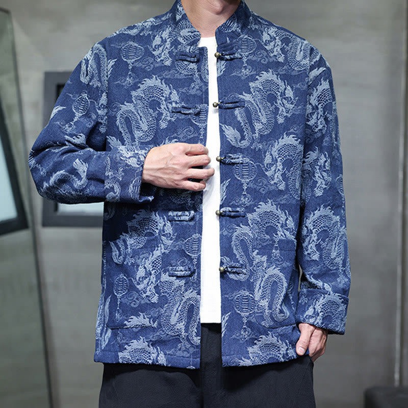 Traje Tang de algodón para hombre, chaqueta y camisa con bolsillos, bordado en jacquard con diseño de dragón, linterna y rana y botones , con Buddha Stones y año nuevo chino