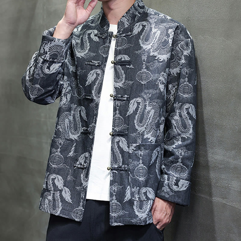 Traje Tang de algodón para hombre, chaqueta y camisa con bolsillos, bordado en jacquard con diseño de dragón, linterna y rana y botones , con Buddha Stones y año nuevo chino