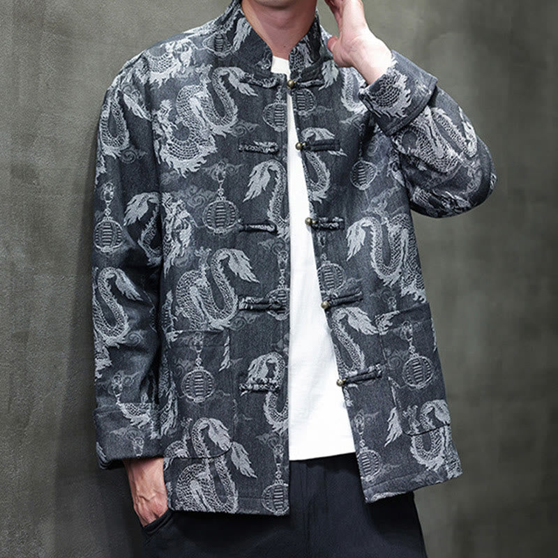 Traje Tang de algodón para hombre, chaqueta y camisa con bolsillos, bordado en jacquard con diseño de dragón, linterna y rana y botones , con Buddha Stones y año nuevo chino