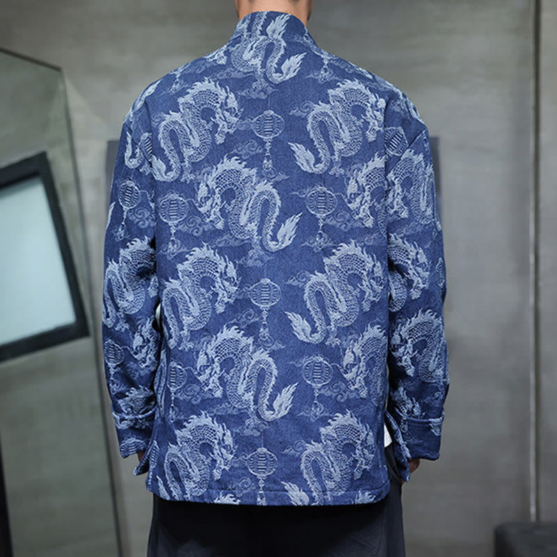 Traje Tang de algodón para hombre, chaqueta y camisa con bolsillos, bordado en jacquard con diseño de dragón, linterna y rana y botones , con Buddha Stones y año nuevo chino
