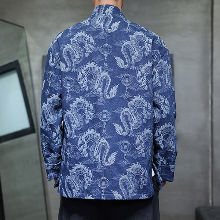 Traje Tang de algodón para hombre, chaqueta y camisa con bolsillos, bordado en jacquard con diseño de dragón, linterna y rana y botones , con Buddha Stones y año nuevo chino