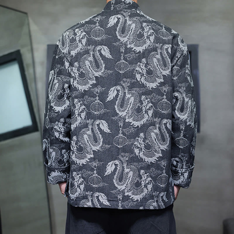 Traje Tang de algodón para hombre, chaqueta y camisa con bolsillos, bordado en jacquard con diseño de dragón, linterna y rana y botones , con Buddha Stones y año nuevo chino