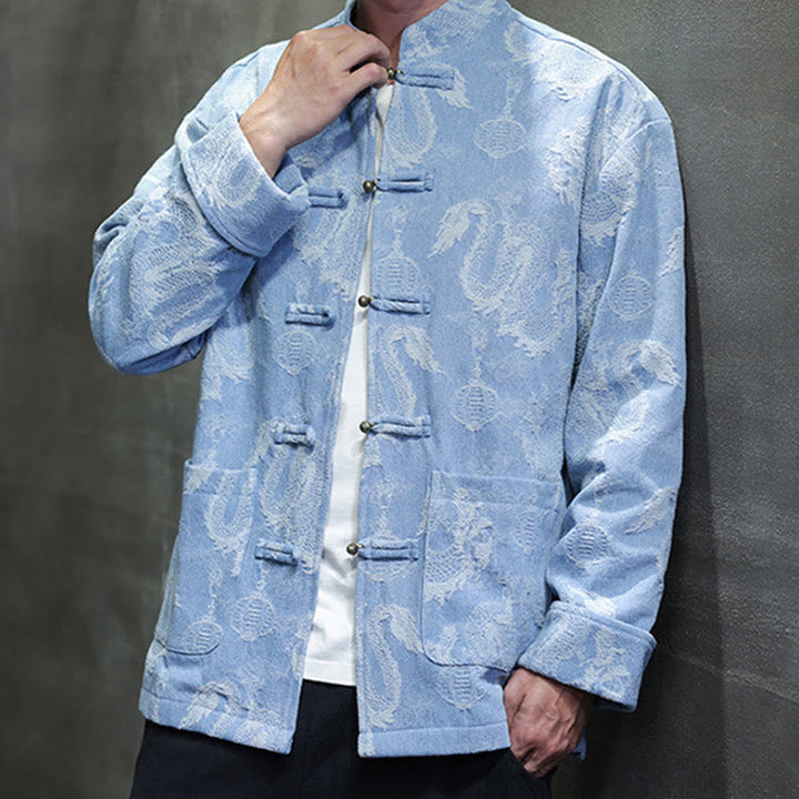 Traje Tang de algodón para hombre, chaqueta y camisa con bolsillos, bordado en jacquard con diseño de dragón, linterna y rana y botones , con Buddha Stones y año nuevo chino