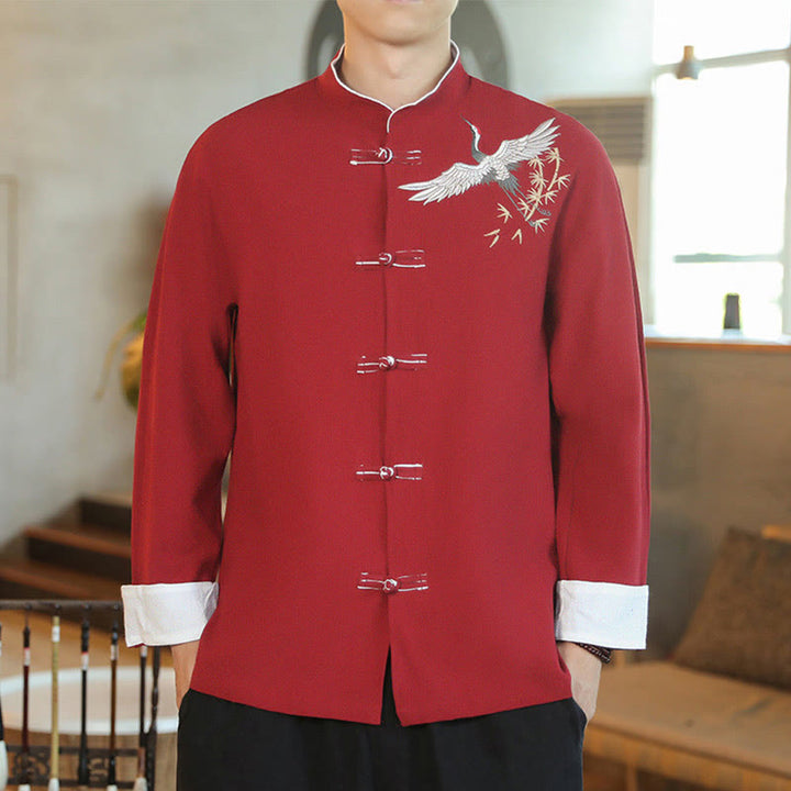 Chaqueta y camisa de algodón para hombre, traje Tang con botones de rana y bordado de grulla voladora de Año Nuevo chino con Buddha Stones