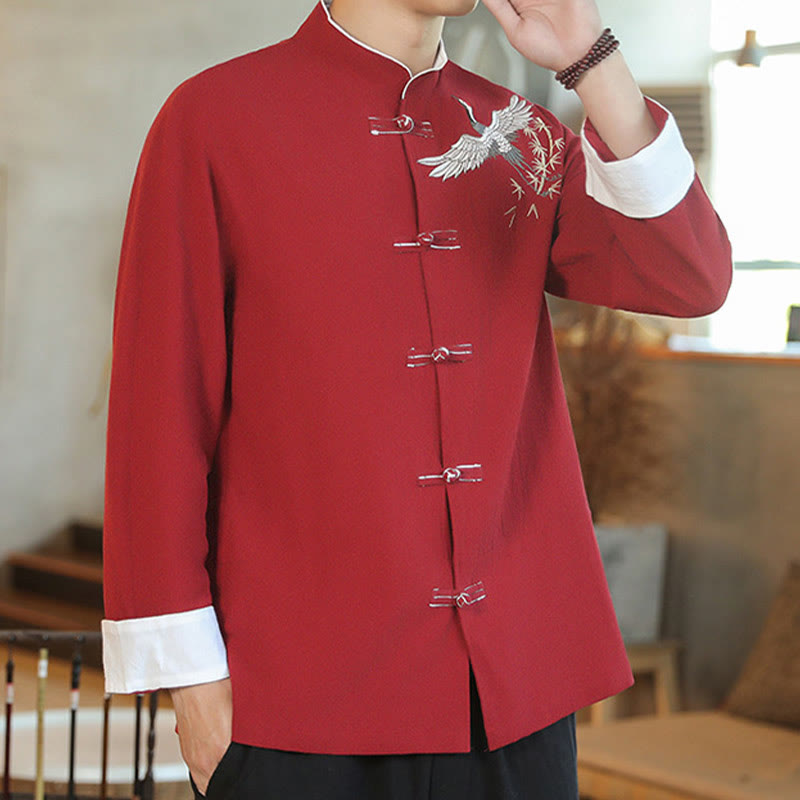 Chaqueta y camisa de algodón para hombre, traje Tang con botones de rana y bordado de grulla voladora de Año Nuevo chino con Buddha Stones