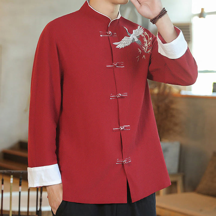 Chaqueta y camisa de algodón para hombre, traje Tang con botones de rana y bordado de grulla voladora de Año Nuevo chino con Buddha Stones