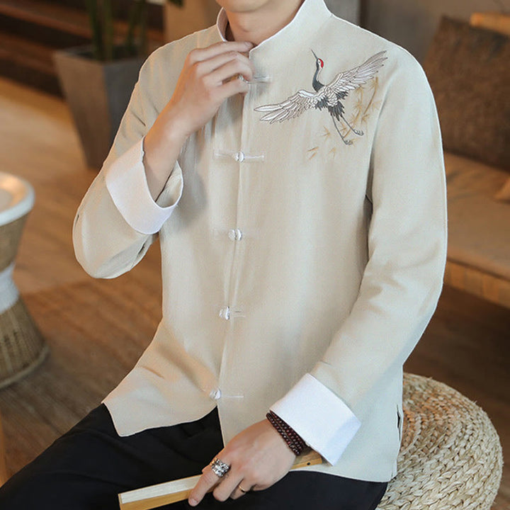 Chaqueta y camisa de algodón para hombre, traje Tang con botones de rana y bordado de grulla voladora de Año Nuevo chino con Buddha Stones