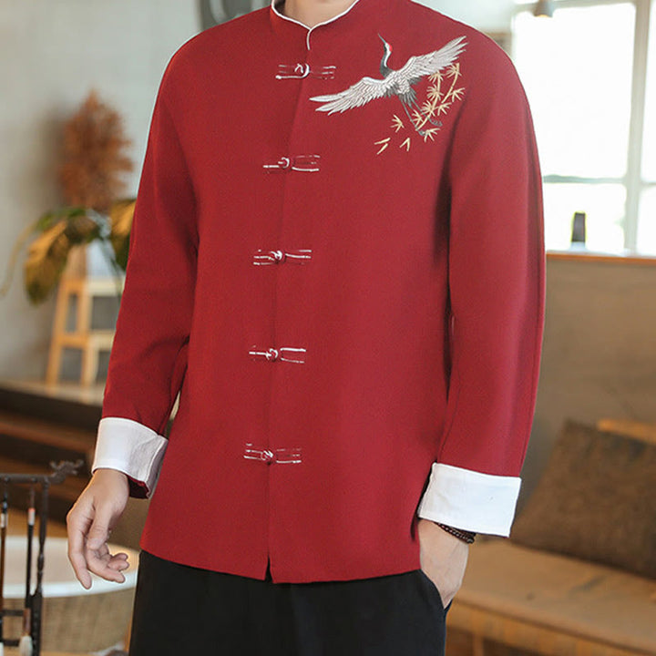 Chaqueta y camisa de algodón para hombre, traje Tang con botones de rana y bordado de grulla voladora de Año Nuevo chino con Buddha Stones