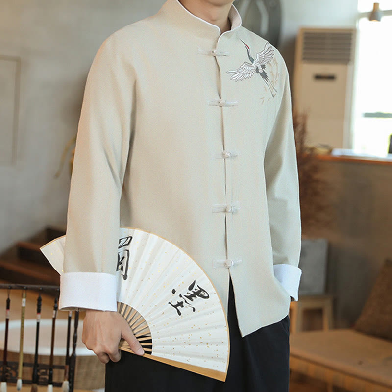 Chaqueta y camisa de algodón para hombre, traje Tang con botones de rana y bordado de grulla voladora de Año Nuevo chino con Buddha Stones