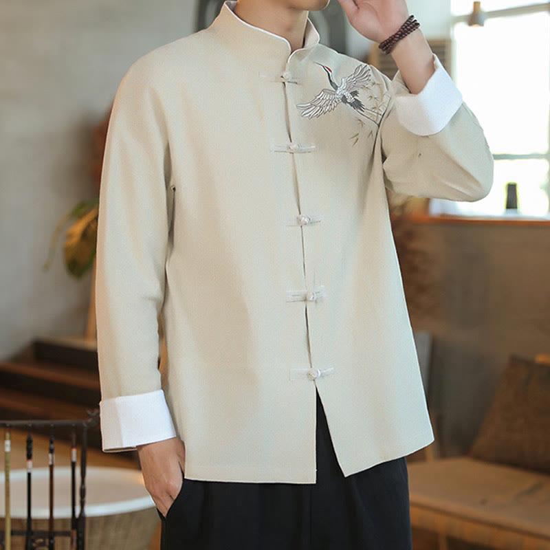 Chaqueta y camisa de algodón para hombre, traje Tang con botones de rana y bordado de grulla voladora de Año Nuevo chino con Buddha Stones