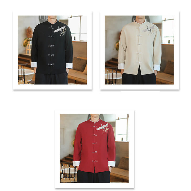 Chaqueta y camisa de algodón para hombre, traje Tang con botones de rana y bordado de grulla voladora de Año Nuevo chino con Buddha Stones