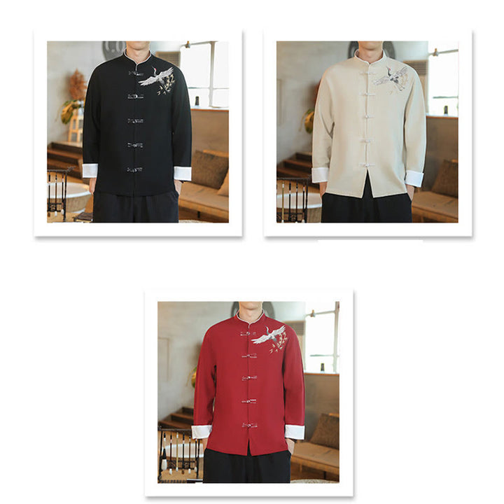 Chaqueta y camisa de algodón para hombre, traje Tang con botones de rana y bordado de grulla voladora de Año Nuevo chino con Buddha Stones