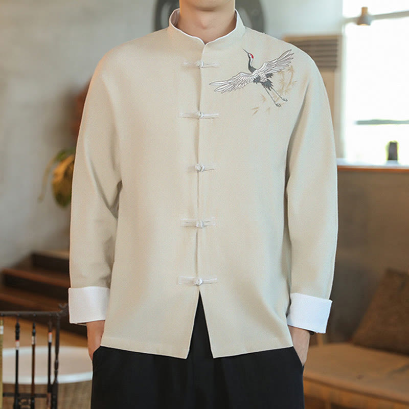 Chaqueta y camisa de algodón para hombre, traje Tang con botones de rana y bordado de grulla voladora de Año Nuevo chino con Buddha Stones