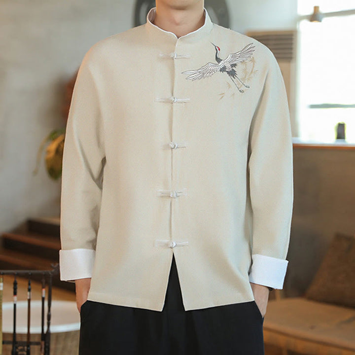 Chaqueta y camisa de algodón para hombre, traje Tang con botones de rana y bordado de grulla voladora de Año Nuevo chino con Buddha Stones