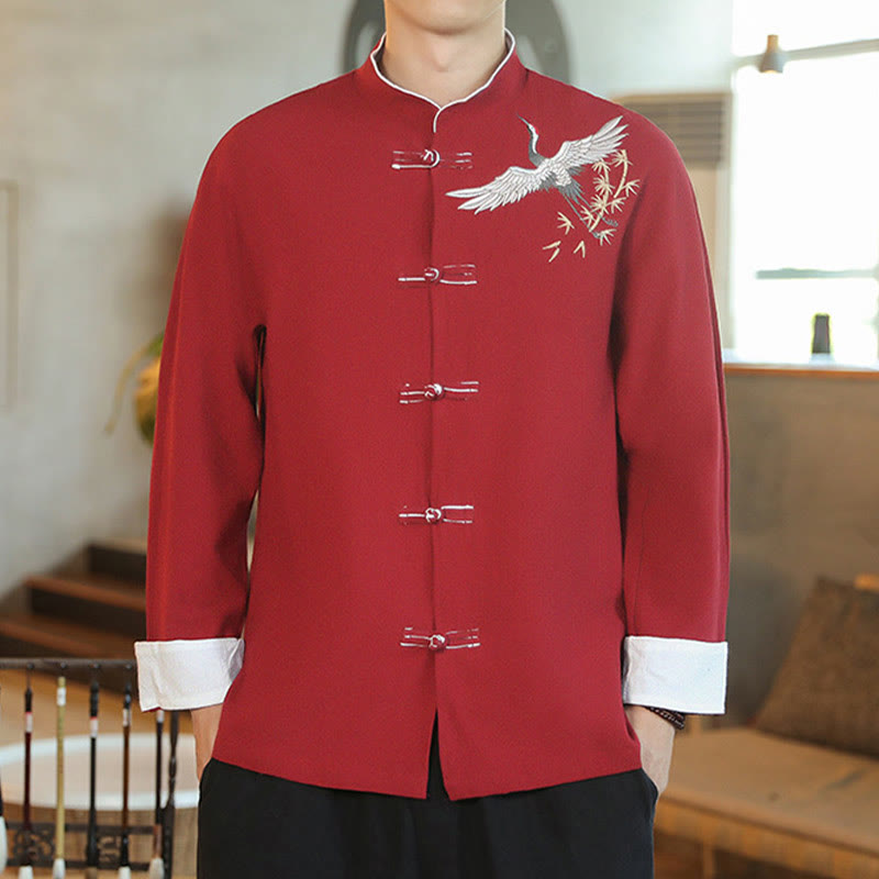 Chaqueta y camisa de algodón para hombre, traje Tang con botones de rana y bordado de grulla voladora de Año Nuevo chino con Buddha Stones