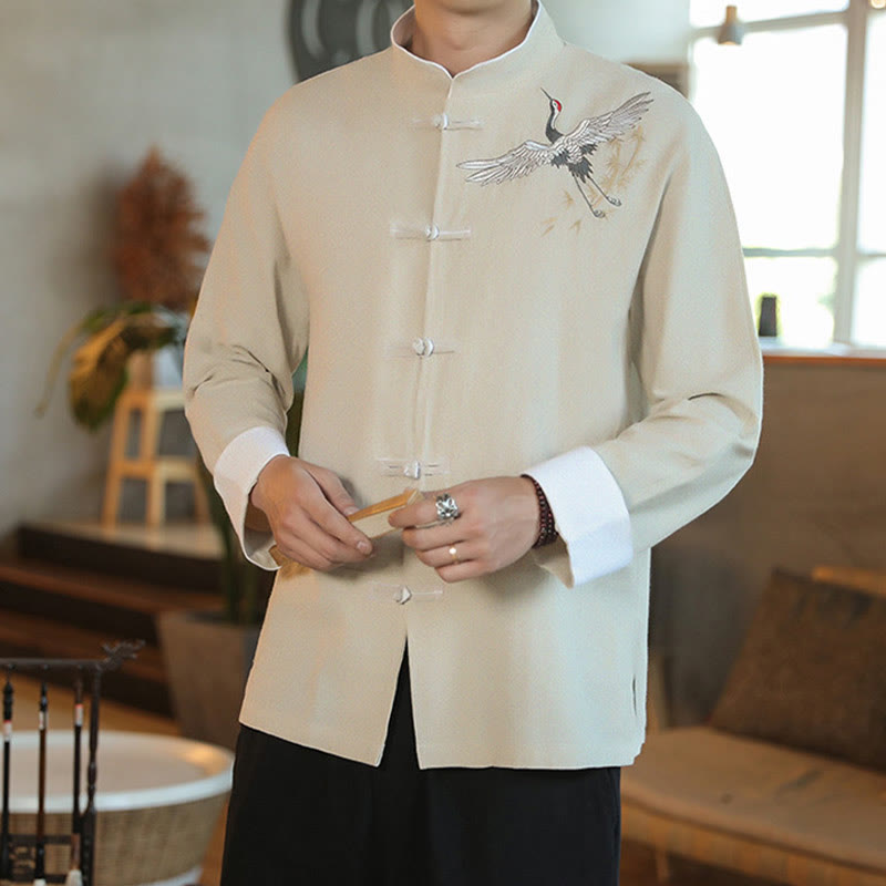 Chaqueta y camisa de algodón para hombre, traje Tang con botones de rana y bordado de grulla voladora de Año Nuevo chino con Buddha Stones