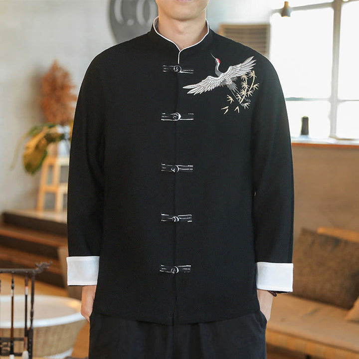 Chaqueta y camisa de algodón para hombre, traje Tang con botones de rana y bordado de grulla voladora de Año Nuevo chino con Buddha Stones - Negro - US/UK/AU46, EU56 (5XL) - image 10