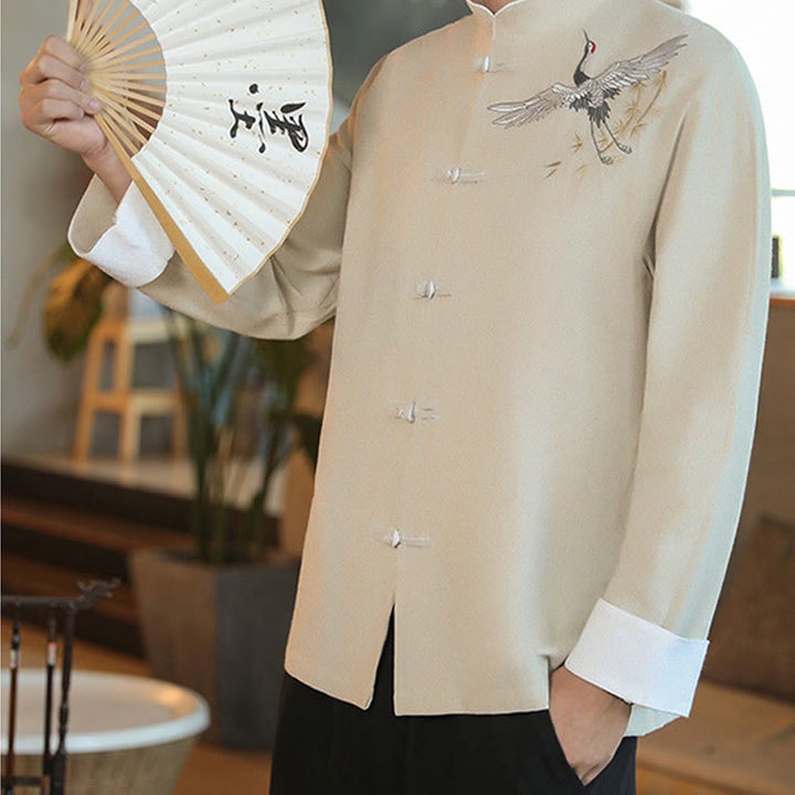 Chaqueta y camisa de algodón para hombre, traje Tang con botones de rana y bordado de grulla voladora de Año Nuevo chino con Buddha Stones