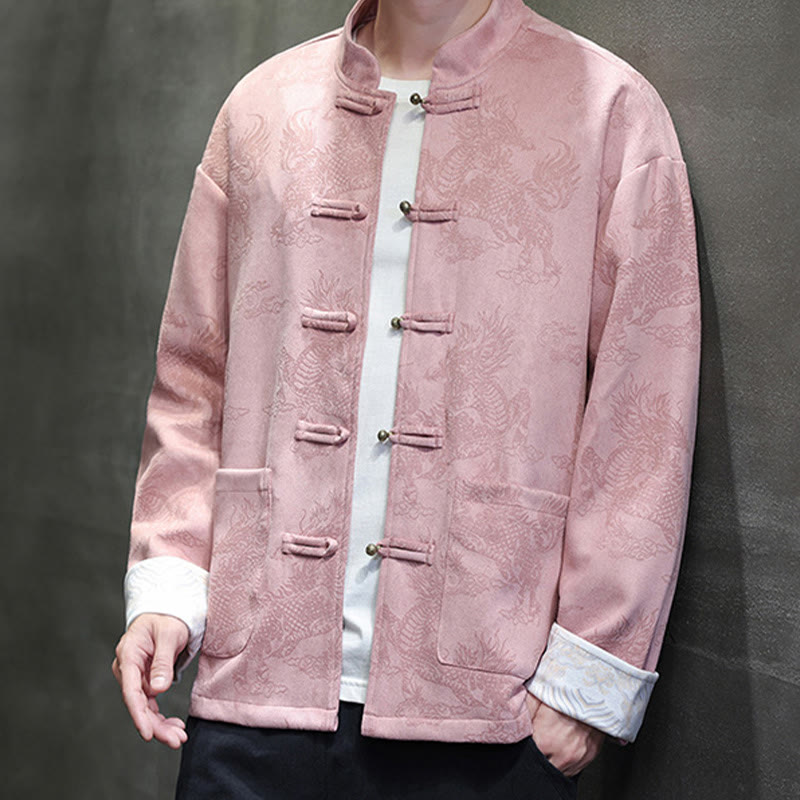 Traje Tang para hombre, chaqueta, camisa y bolsillos, con estampado de kirin y botones de rana y Buddha Stones para el Año Nuevo chino - Rosa claro - US/UK/AU46, EU56 (5XL) - image 29