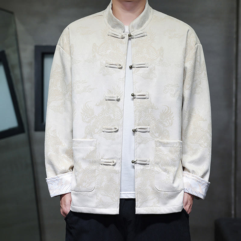 Traje Tang para hombre, chaqueta, camisa y bolsillos, con estampado de kirin y botones de rana y Buddha Stones para el Año Nuevo chino - Marfil - US/UK/AU46, EU56 (5XL) - image 21