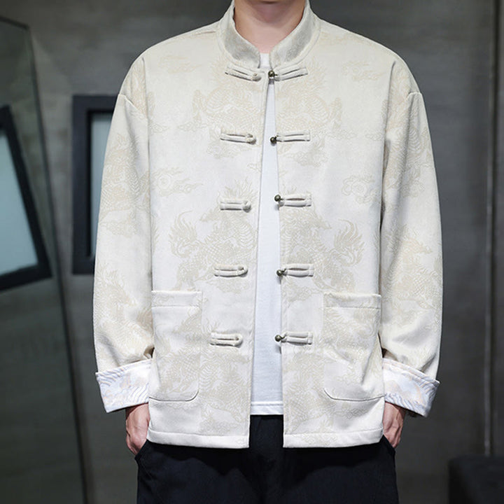 Traje Tang para hombre, chaqueta, camisa y bolsillos, con estampado de kirin y botones de rana y Buddha Stones para el Año Nuevo chino - Marfil - US/UK/AU46, EU56 (5XL) - image 21