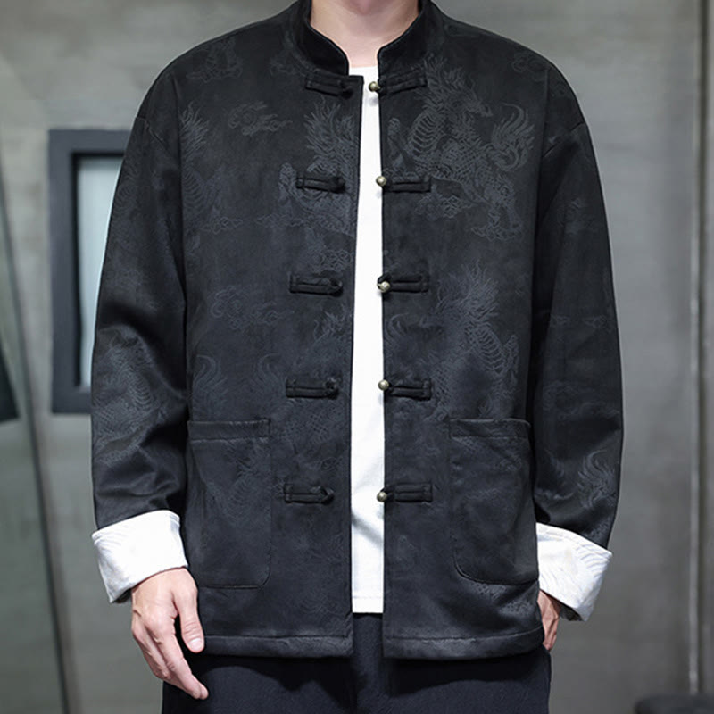 Traje Tang para hombre, chaqueta, camisa y bolsillos, con estampado de kirin y botones de rana y Buddha Stones para el Año Nuevo chino - Negro - US/UK/AU46, EU56 (5XL) - image 13