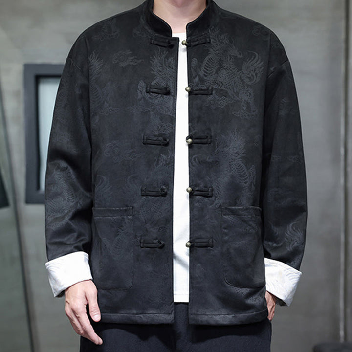 Traje Tang para hombre, chaqueta, camisa y bolsillos, con estampado de kirin y botones de rana y Buddha Stones para el Año Nuevo chino - Negro - US/UK/AU46, EU56 (5XL) - image 13