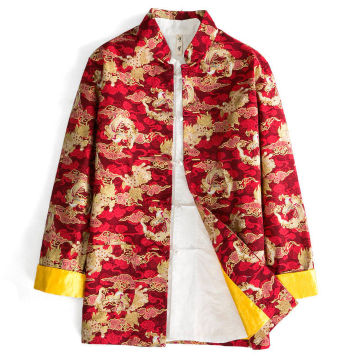 Traje Tang de algodón para hombre, chaqueta y camisa con bolsillos, con botones de rana y nubes doradas auspiciosas, Buddha Stones y año nuevo chino