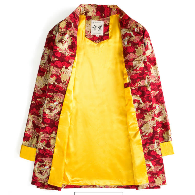Traje Tang de algodón para hombre, chaqueta y camisa con bolsillos, con botones de rana y nubes doradas auspiciosas, Buddha Stones y año nuevo chino