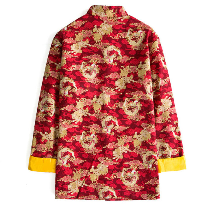 Traje Tang de algodón para hombre, chaqueta y camisa con bolsillos, con botones de rana y nubes doradas auspiciosas, Buddha Stones y año nuevo chino
