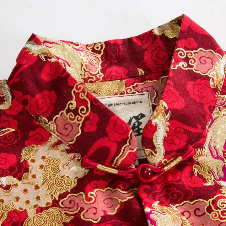 Traje Tang de algodón para hombre, chaqueta y camisa con bolsillos, con botones de rana y nubes doradas auspiciosas, Buddha Stones y año nuevo chino